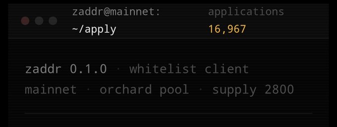 Terminal-style window displaying 'zaddr@mainnet: ~/apply' with the application count '16,967' and footer text 'zaddr 0.1.0 · whitelist client mainnet · orchard pool · supply 2800'.