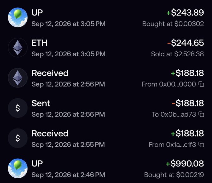 A cryptocurrency transaction history showing UP token purchase (+$243.89), ETH sale (-$244.65 at $2,528.38), and various received/sent transactions dated Sep 12, 2026.