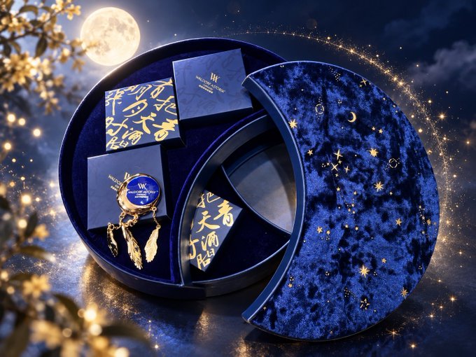 A celestial-themed gift box set featuring blue velvet packaging adorned with golden stars and moon motifs, containing branded boxes with "Wei Shi Shi" (威士世) markings, golden feather accessories, and Chinese characters reading "青山不老，绿水长流" (green mountains never grow old, green waters flow forever). The luxurious packaging suggests this is a premium unboxing moment, likely the "surprise gift" from teacher 0xAstra that was arranged in response to the casual comment, making the elegant presentation feel like a heartfelt gesture of being remembered and appreciated.