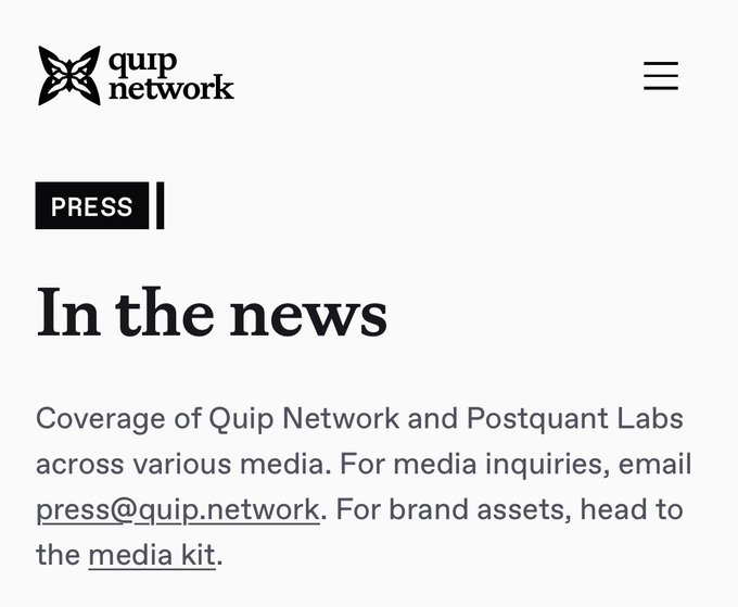 The 'In the news' press page for Quip Network, providing contact email press@quip.network for media inquiries and linking to a media kit.