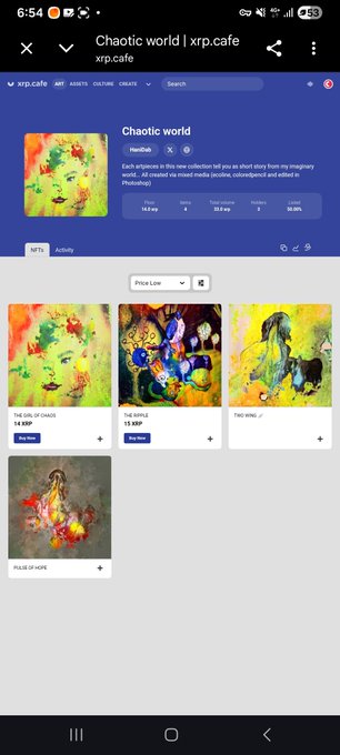 A mobile screenshot of the xrp.cafe website showing a 'Chaotic world' NFT collection by HariDali, featuring colorful artwork thumbnails.