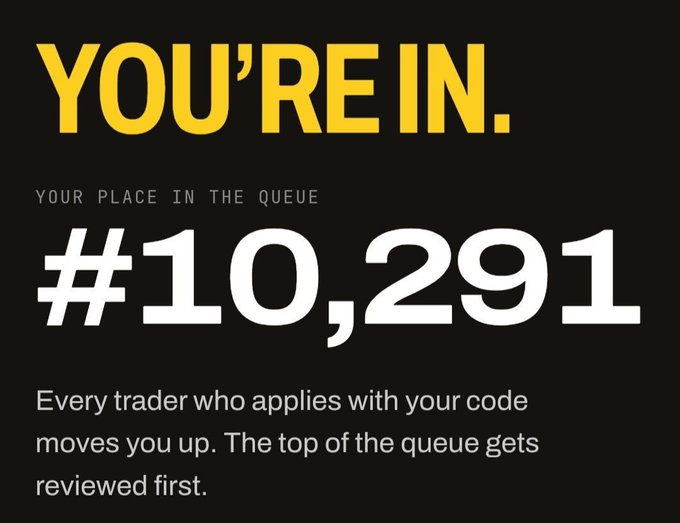 A black and yellow graphic announces 'YOU'RE IN.' with the user's place in a queue listed as '#10,291', noting that referrals move them up the list.