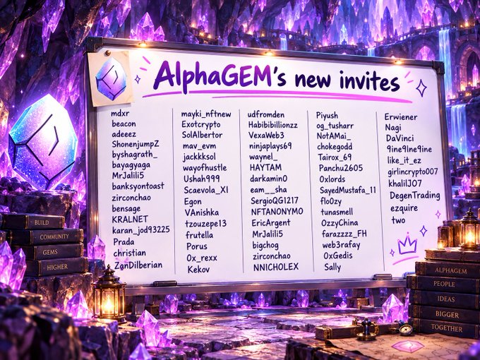 The image shows an "AlphaGEM's new invites" announcement board listing approximately 60 newly invited usernames in columns, including names like mdxr, beacon, Adeez, Piyush, and Nashj, set against a fantasy crystal cave backdrop. This visualizes the post's update about adding a new batch of invites to the AlphaGEMs community, which receives roughly 10-15 new members monthly.