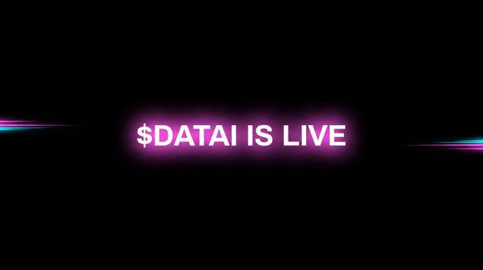 A black promotional graphic displays the glowing white and pink text “$DATAI IS LIVE,” with neon magenta and cyan streaks extending from the sides. It visually accompanies the announcement that DATAI/USDT is live on PancakeSwap, including the BNB Chain contract address and liquidity details.