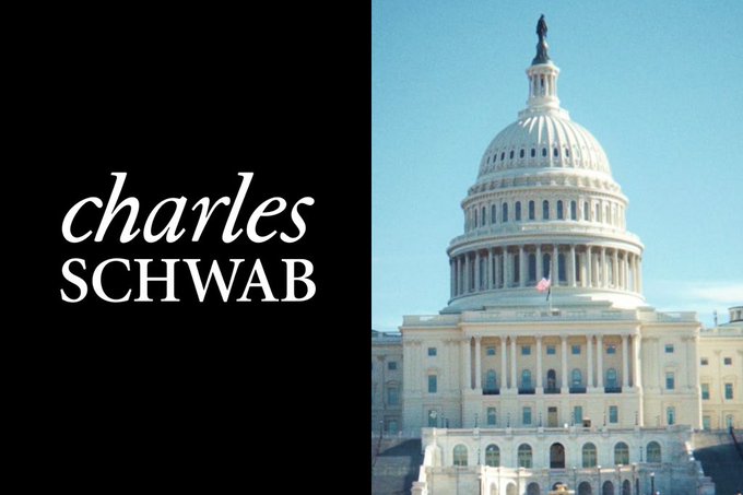 A split-screen image with the black-and-white 'charles SCHWAB' logo on the left and a photograph of the U.S. Capitol building on the right.