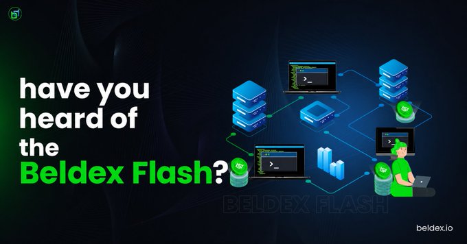A promotional graphic asking "have you heard of the Beldex Flash?" features illustrations of servers, computers with code, databases, charts, and a developer character against a dark blue background, visually representing the fast-frontend/blockchain-backend messaging of the accompanying Beldex post.