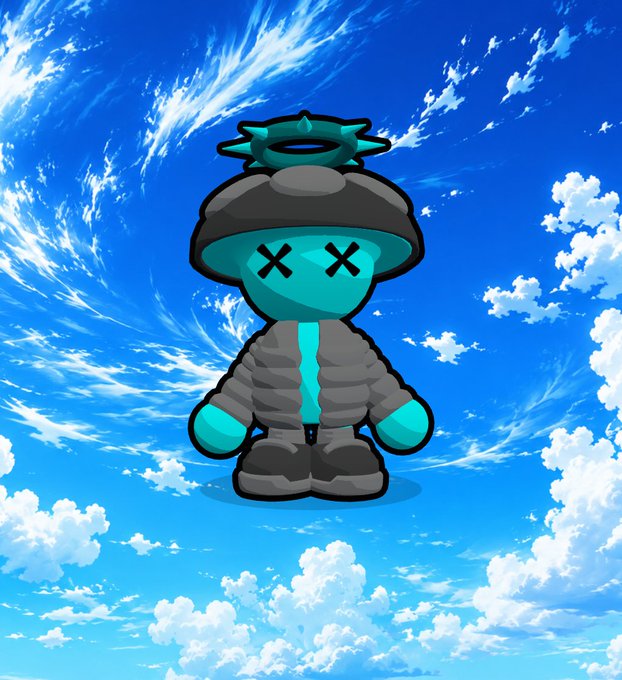 A digital illustration of a teal character with X-shaped eyes wearing a halo and gray puffy jacket, set against a bright blue sky with clouds.