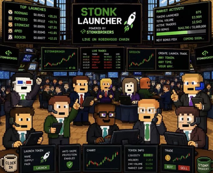 Pixel-art style illustration of a busy 'STONK LAUNCHER' trading floor powered by STONKBROKERS on Robinhood Chain, showing token launches and market activity.
