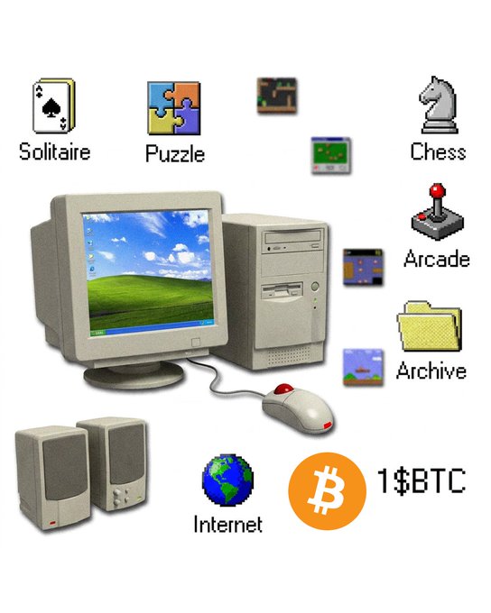 A vintage CRT computer displaying the classic Windows XP "Bliss" wallpaper is surrounded by retro software icons (Solitaire, Puzzle, Chess, Arcade, Archive) and labeled "Internet," "1$BTC," and a Bitcoin symbol. The image nostalgically captures the early computing era when $1 could indeed buy 1 BTC, contrasting the simplicity of old-school technology with the now-valuable cryptocurrency.