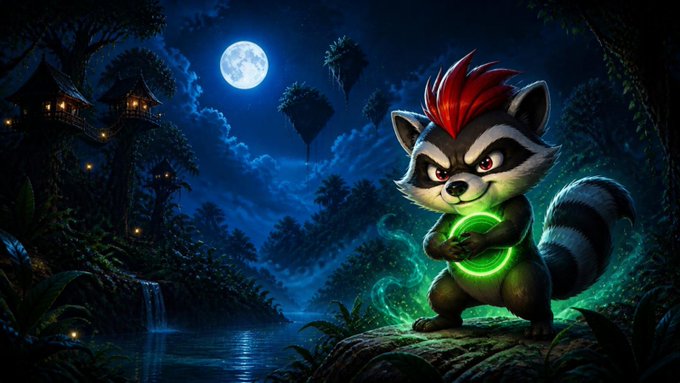Digital artwork of an anthropomorphic raccoon character with a red mohawk holding a glowing green orb in a mystical nighttime forest setting, with a full moon, floating islands, and a treehouse illuminated in the background.
