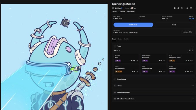 A screenshot of a NFT marketplace displaying a blue robot-like character 'Quicklings #3663' with details including Move, Blue sneakers, and Inexpensive power Z traits, listed by user EAST.SALE for 0.0518 ETH.
