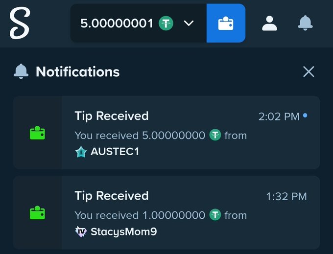 A screenshot of notification alerts on what appears to be the SocialGood platform shows two tip received notifications: 5.00000000 T from AUSTEC1 at 2:02 PM and 1.00000000 T from Stacy'sMom9 at 1:32 PM, corresponding to the post expressing gratitude for the recent 5 T tip.
