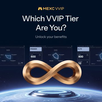 A promotional graphic for the upgraded #MEXCVVIP program asks "Which VVIP Tier Are You?" and showcases three membership tiers—Premier, Elite, and a third partially visible card—highlighting benefits like a 600 fee discount and $12 cashback, all centered around a glowing golden infinity symbol that ties into the post's message about unlocking progressively greater rewards based on your M-Score.
