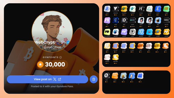 Screenshot of the GynPass app showing the 'WebCrypt' (@Web_Crpt) profile with 30,000 GynPoints and a grid of cryptocurrency-themed NFT icons.
