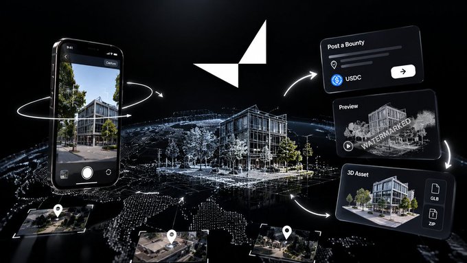 A promotional graphic illustrates a workflow showing a smartphone capturing a building, which is then converted into a 3D asset with options to 'Post a Bounty' using USDC or preview a watermarked version.