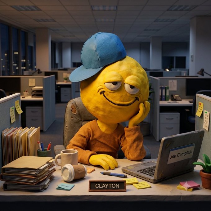 A 3D-rendered scene of a yellow smiley face character named 'CLAYTON' wearing a blue cap and orange sweater, sitting bored at an office cubicle desk with a laptop displaying 'Job Complete'.
