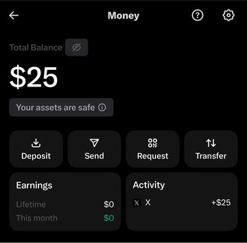 A screenshot of the X Money app interface displays a Total Balance of $25, with options to Deposit, Send, Request, and Transfer. The image directly corresponds to the post, showing the newly granted "Early Access" account balance that the user is asking about spending.