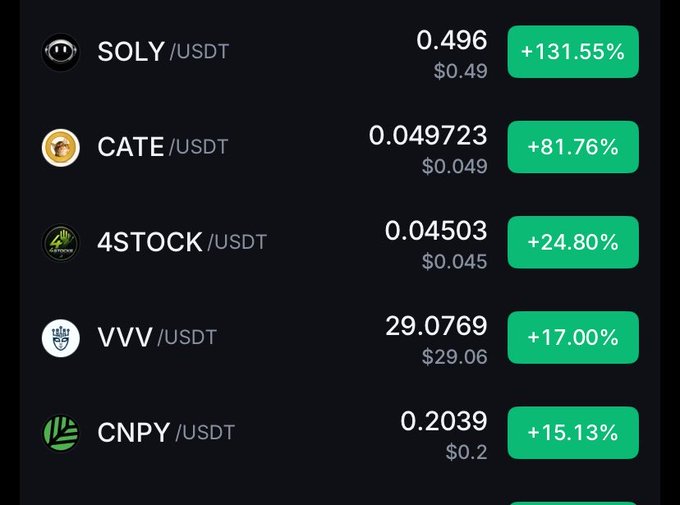 A cryptocurrency price tracker displaying green positive percentage changes for tokens SOLY (+131.55%), CATE (+81.76%), 4STOCK (+24.80%), VVV (+17.00%), and CNPY (+15.13%) against USDT.