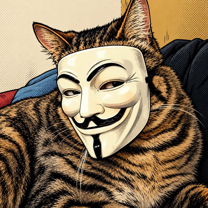An illustration of a tabby cat wearing a Guy Fawkes mask, rendered in a comic book style with halftone dot textures.