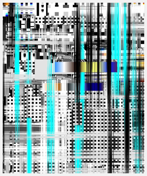 An abstract glitch art or test pattern image with vertical stripes and blocks of cyan, black, white, gray, and other colors, appearing corrupted or distorted.