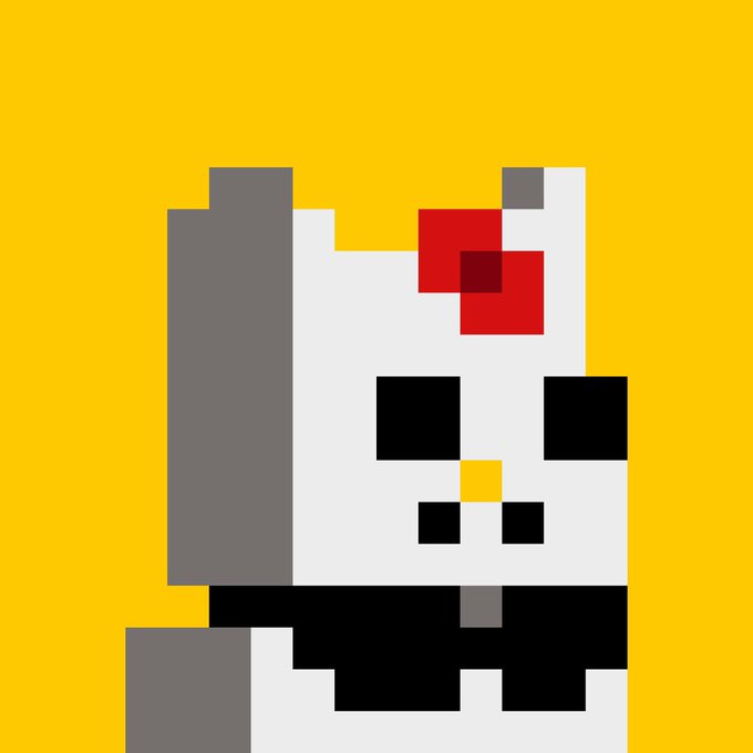 A pixel art illustration of a Hello Kitty-like white cat character with a red bow, set against a yellow background with gray and black pixel elements.