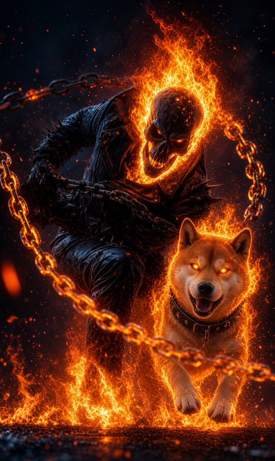 A fantasy digital artwork depicts Ghost Rider emerging from flames with flaming chains, accompanied by a glowing-eyed Shiba Inu dog.