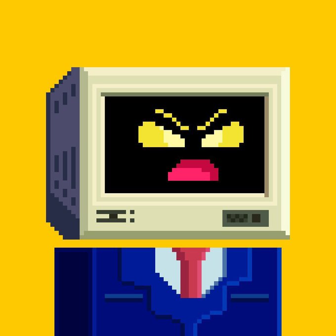 Pixel art illustration of a computer monitor displaying an angry yellow-eyed face, attached to a character wearing a blue suit and red tie against a yellow background.