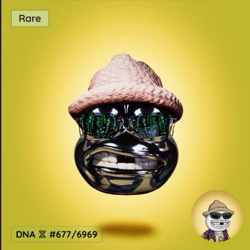 A digital collectible image shows a glossy black spherical head wearing a knit beanie and green pixelated sunglasses against a yellow background, with 'Rare' in the top left and 'DNA #677/6969' at the bottom.