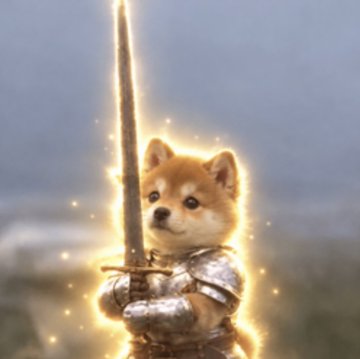 A Shiba Inu dog clad in armor stands heroically with a glowing sword, representing the "$SWORDINU" meme coin mascot. The image directly illustrates the viral "cat wif sword" concept, though featuring a dog warrior instead, as the token surges to a $20M market cap on launch day.