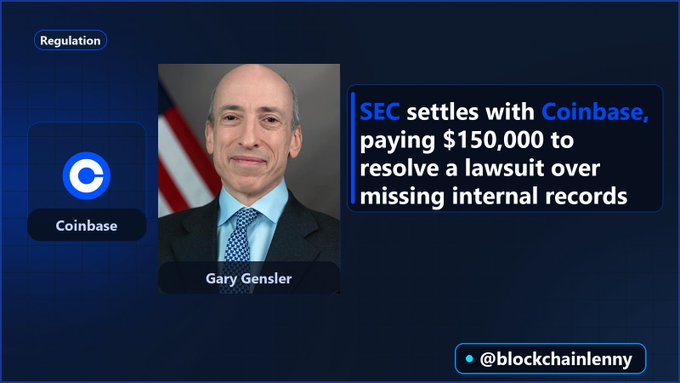 Regulation news graphic featuring a photo of Gary Gensler, the Coinbase logo, and text stating 'SEC settles with Coinbase, paying $150,000 to resolve a lawsuit over missing internal records,' credited to @blockchainlenny.