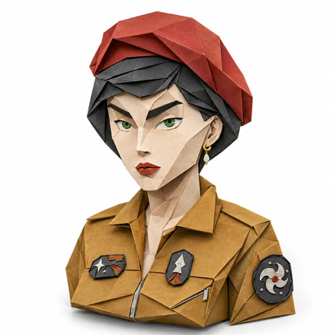 A low-poly paper craft sculpture of a female character with green eyes, dark hair, a red beanie, and a tan jacket adorned with patches.