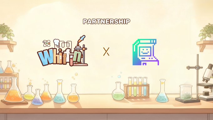 A graphic announcing a 'PARTNERSHIP' between the 'WHIF' gaming project and a pixel-art blockchain character, displayed above a counter with chemistry beakers.