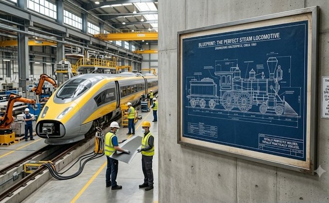 A modern industrial train manufacturing facility with workers in hard hats inspecting a high-speed train, alongside a wall-mounted blueprint titled 'BLUEPRINT: THE PERFECT STEAM LOCOMOTIVE CIRCA 1900'.