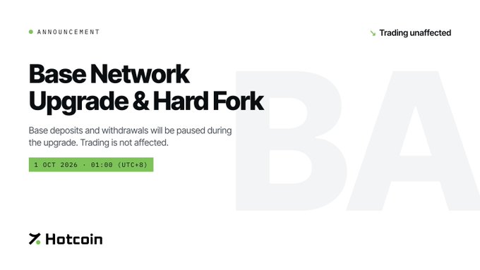 A Hotcoin announcement about a Base Network Upgrade & Hard Fork scheduled for 1 OCT 2026 at 01:00 (UTC+8), noting that deposits and withdrawals will be paused but trading is unaffected.