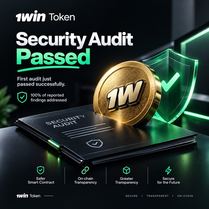 A promotional graphic for '1win Token' announcing 'Security Audit Passed' with a golden '1W' coin and green shield, highlighting features like 'Safer Smart Contract' and 'On-chain Transparency'.
