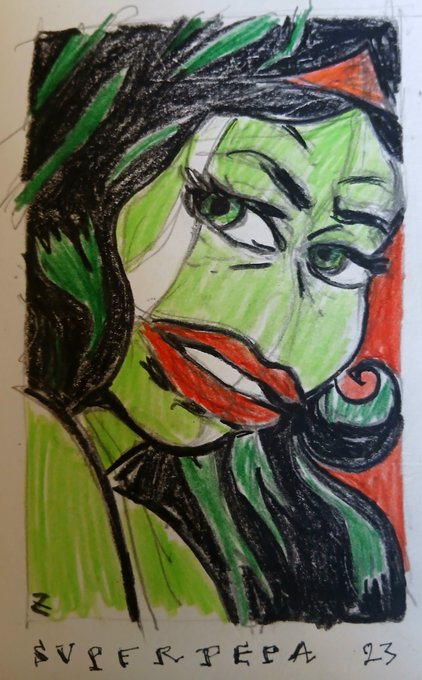 A hand-drawn colored pencil/marker portrait sketch of a green-skinned woman with dark hair and red lips, labeled 'BVIERTEPA 23' at the bottom.