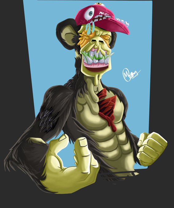 A digital illustration of a muscular, monstrous ape-like character wearing a red baseball cap, with a gaping, toothy maw on its chest and a sliced interior wound.