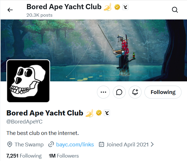 The image features a post from the Bored Apapeyacht Club, which has been shared by multiple people. The post includes a picture of a man fishing with a banana as his boat. There are also several other posts related to the club on social media platforms like Twitter and Instagram.
