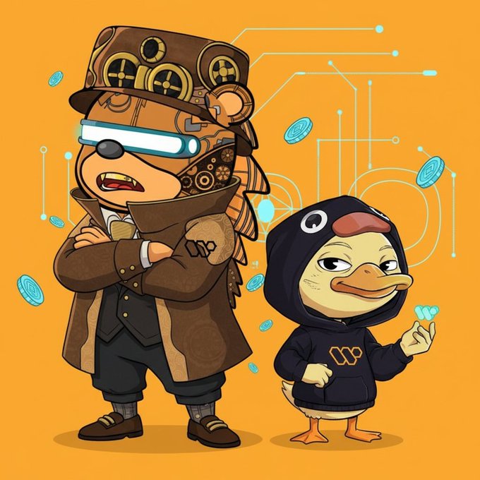 A digital illustration of two cartoon characters in steampunk attire—a bear-like figure with a gear hat and glowing visor, and a duck in a black hoodie—standing against an orange background with floating blue coins and circuit patterns.