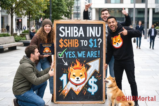 A group of enthusiastic Shiba Inu supporters pose with a hand-painted sign declaring "SHIBA INU $SHIB TO $1? YES, WE ARE!" alongside a real Shiba dog, visually reinforcing the post's bullish claim that $SHIB is on track to smash past the $1 milestone in 2026 through Shibarium's growing utility and the strength of the $SHIBARMY.