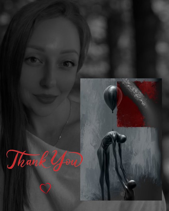 A composite 'Thank You' graphic featuring a faded black and white photo of a smiling young woman in the background and an inset illustration of a melancholic figure holding a dark balloon against a grey wall with red accents.