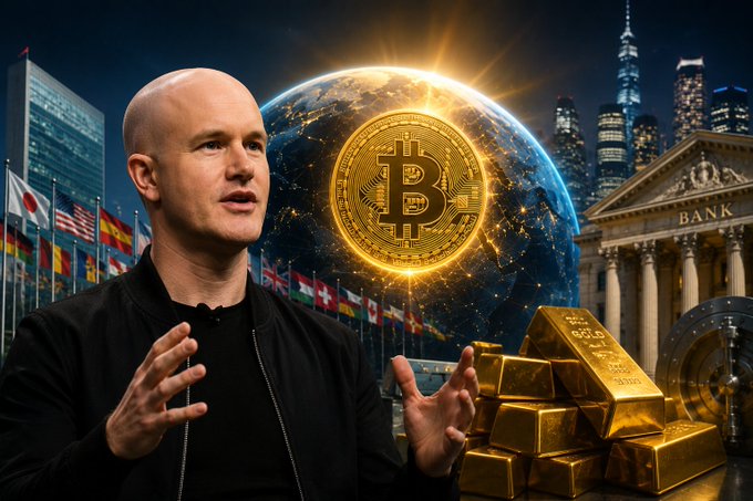 A composite image shows a man (resembling Brian Armstrong) gesturing alongside a glowing Bitcoin coin, gold bars, global flags, a bank, and a city skyline.