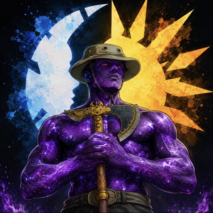 The image features a muscular man with purple skin, holding an axe or sword in his right hand while wearing a hat. The background consists of a sunburst shape filled with blue and orange colors. The caption reads "It really pays off to be a holder of @Solgodsnfts and Solcity. Much love". This suggests that the image is related to the concept of holding power or authority, possibly in the context of a political or social movement.