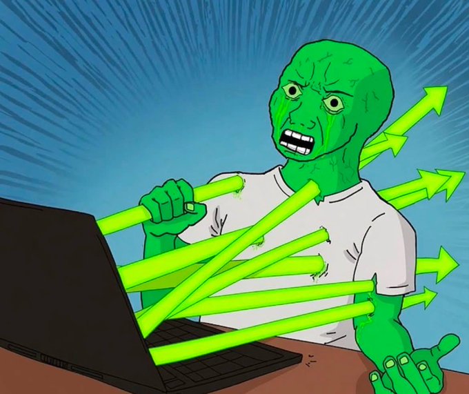 A green, distressed-looking cartoon figure is pierced through the chest by multiple upward-pointing arrows while staring at a laptop, visually representing the agony of holding crypto as green candles shoot upward. The image captures the hopeful plea in the post—wishing for Ethereum ($ETH) to pump back above $2k—symbolizing both the pain of waiting and the anticipation of bullish momentum.
