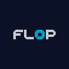 The image displays the "FLOP" token logo in a pixelated, digital-style font against a dark navy background, with the "O" highlighted in teal blue. This visually represents the Flop Labs cryptocurrency project whose draft tokenomics were released by Arthur Hayes, emphasizing its community-focused distribution without VC allocation.