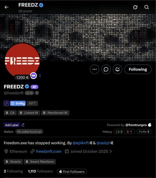 A Twitter/X profile page for 'FREEDZ' (@freedznft), showing 1,200 followers, a bio reading 'Freedonz.exe has stopped working,' and a website link to freedznft.com.