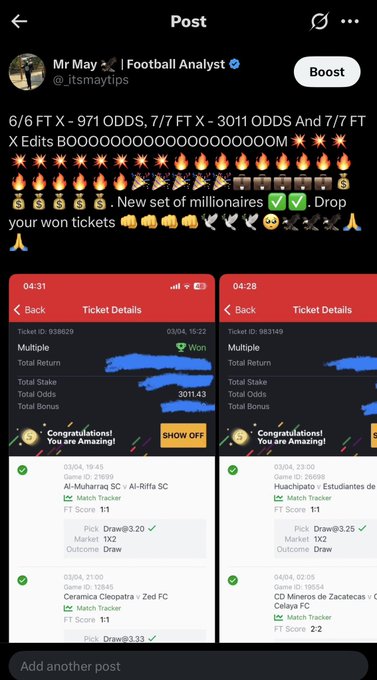 A sports betting tipster celebrates a "FTX boom" with screenshots of two winning tickets totaling combined odds of 971 and 3011, featuring matches like Al-Muharraq SC vs Al-Riffa SC and Huachipato vs Estudiantes, all resulting in winning "Draw" outcomes.