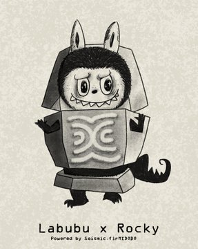 A black-and-white sketch depicts the popular character Labubu wearing Rocky from the Seismic series outfit, with the text "Labubu x Rocky" and "Powered by Seismic-firm13030" displayed below the illustration, matching the creator's fan art post tagged with #Web3 and #cryptocurrency.