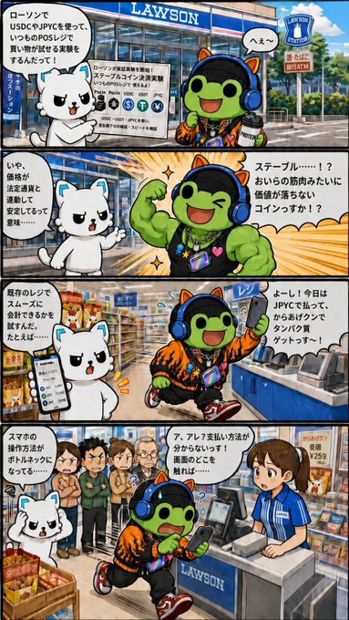 A Japanese-language comic strip featuring a white cat character and a green turtle character at a Lawson convenience store, with dialogue about a Lawson card, JPYC, and staff reacting to the customer's request.