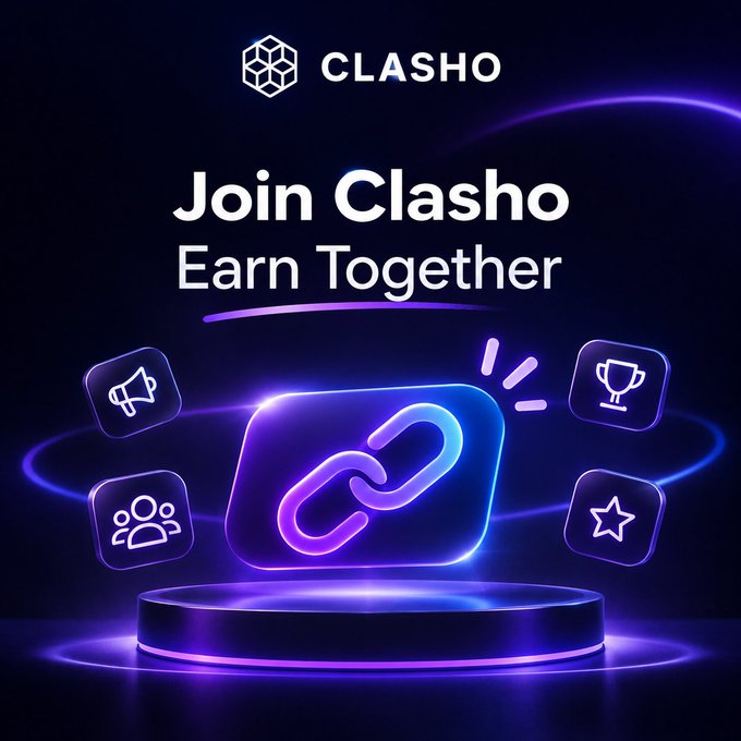 Promotional graphic for 'CLASHO' featuring a glowing neon link icon on a podium with the tagline 'Join Clasho Earn Together' surrounded by trophy, megaphone, star, and community icons.